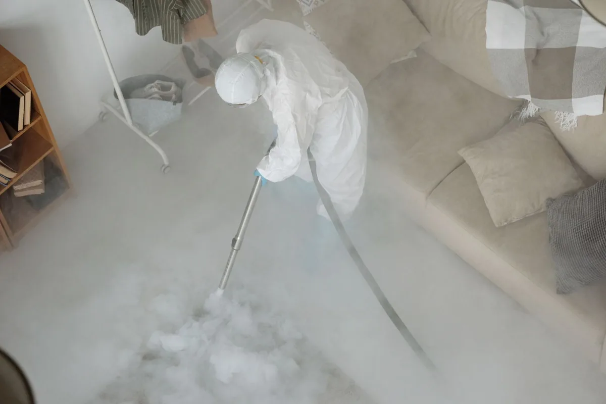 Biohazard cleanup technician in protective equipment, Wyomissing, PA